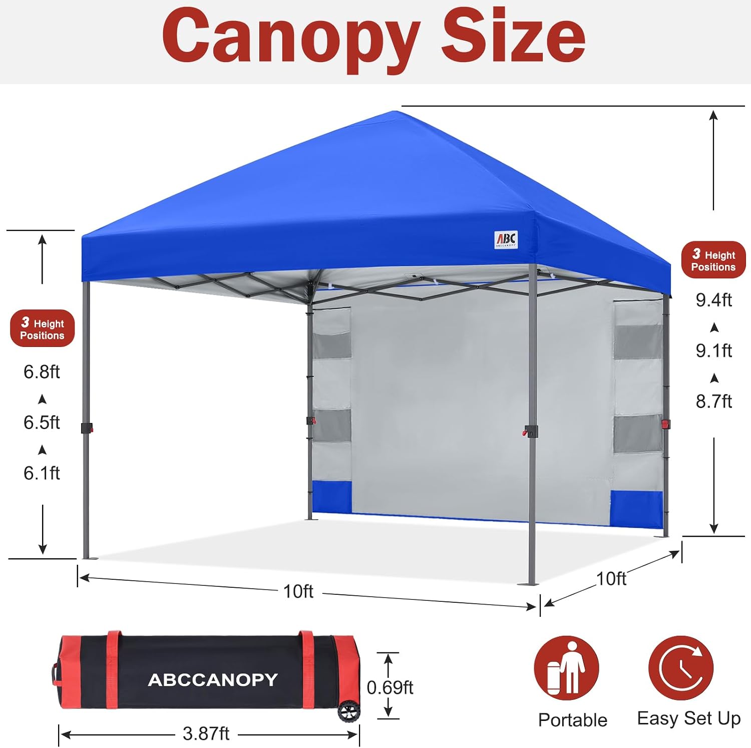 ABCCANOPY Pop Up Canopy with Sidewall,10x10 Outdoor Canopy Tent with Storage Sidewall for Commercial Events with 4 Weights (Royal Blue)