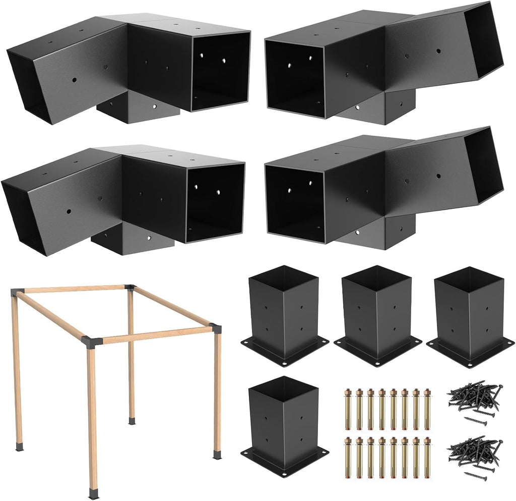 15° Slanted Roof Pergola Brackets, 3-Way Roof Wall Mount Extension Pergola Kit, 4''x4'' Wood Post Base Bracket, Corner Bracket for Gazebos, Patio Pergolas, Log Cabin (8PCS)