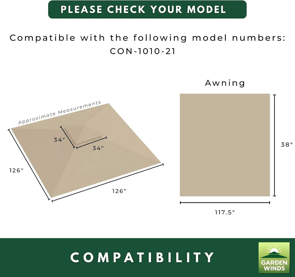 Garden Winds Reinforced Replacement Canopy Top Cover Compatible with The CON-1010-21 Menards Backyard Creation Conley 10' x 10' Gazebo with Awning - Classic Sand, Riplock 350