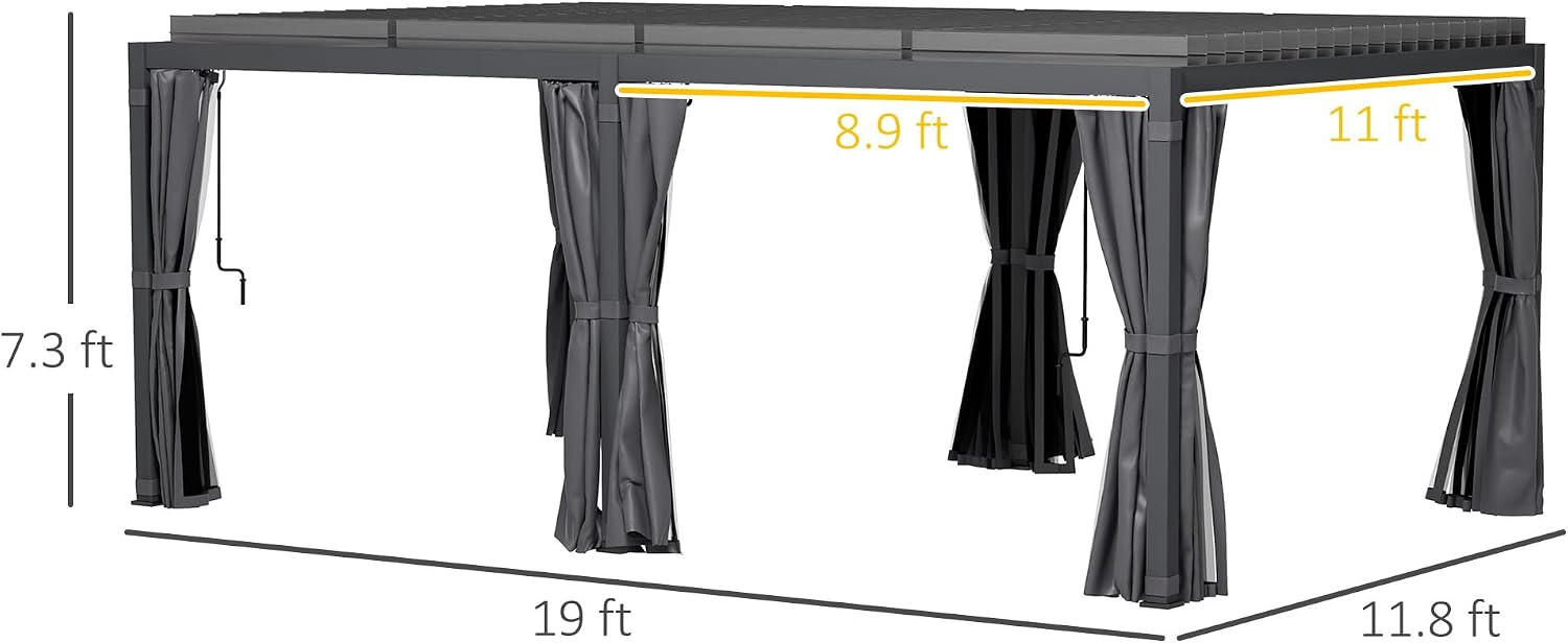 Outsunny 12' x 19' Louvered Pergola Hardtop Gazebo with Adjustable Aluminum Roof and Frame, Outdoor Pergola with Curtains and Netting, for Garden, Lawn, Backyard, and Deck, Dark Gray