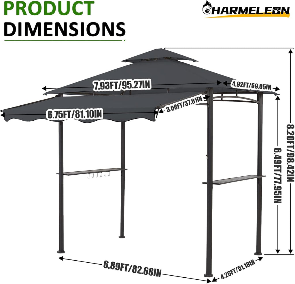 CHARMELEON 8x8 FT Grill Gazebo, Grill Canopy with Big Awning&2 Side Shelves&6 Hooks&Bottle Opener, Powder-Coated Steel BBQ Shelter for Patio Backyard Outdoor Grilling-Dark Gray