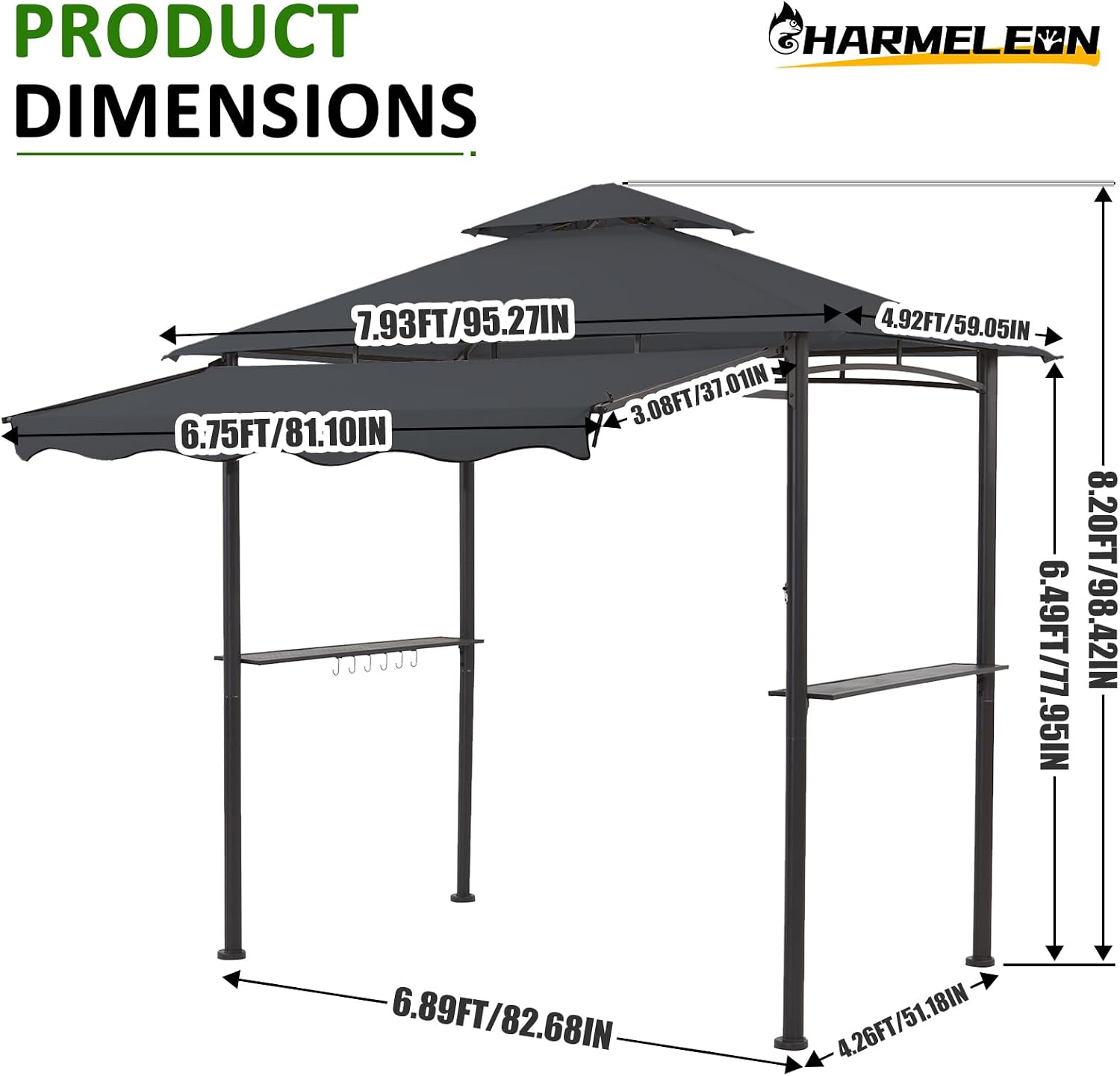 CHARMELEON 8x8 FT Grill Gazebo, Grill Canopy with Big Awning&2 Side Shelves&6 Hooks&Bottle Opener, Powder-Coated Steel BBQ Shelter for Patio Backyard Outdoor Grilling-Dark Gray