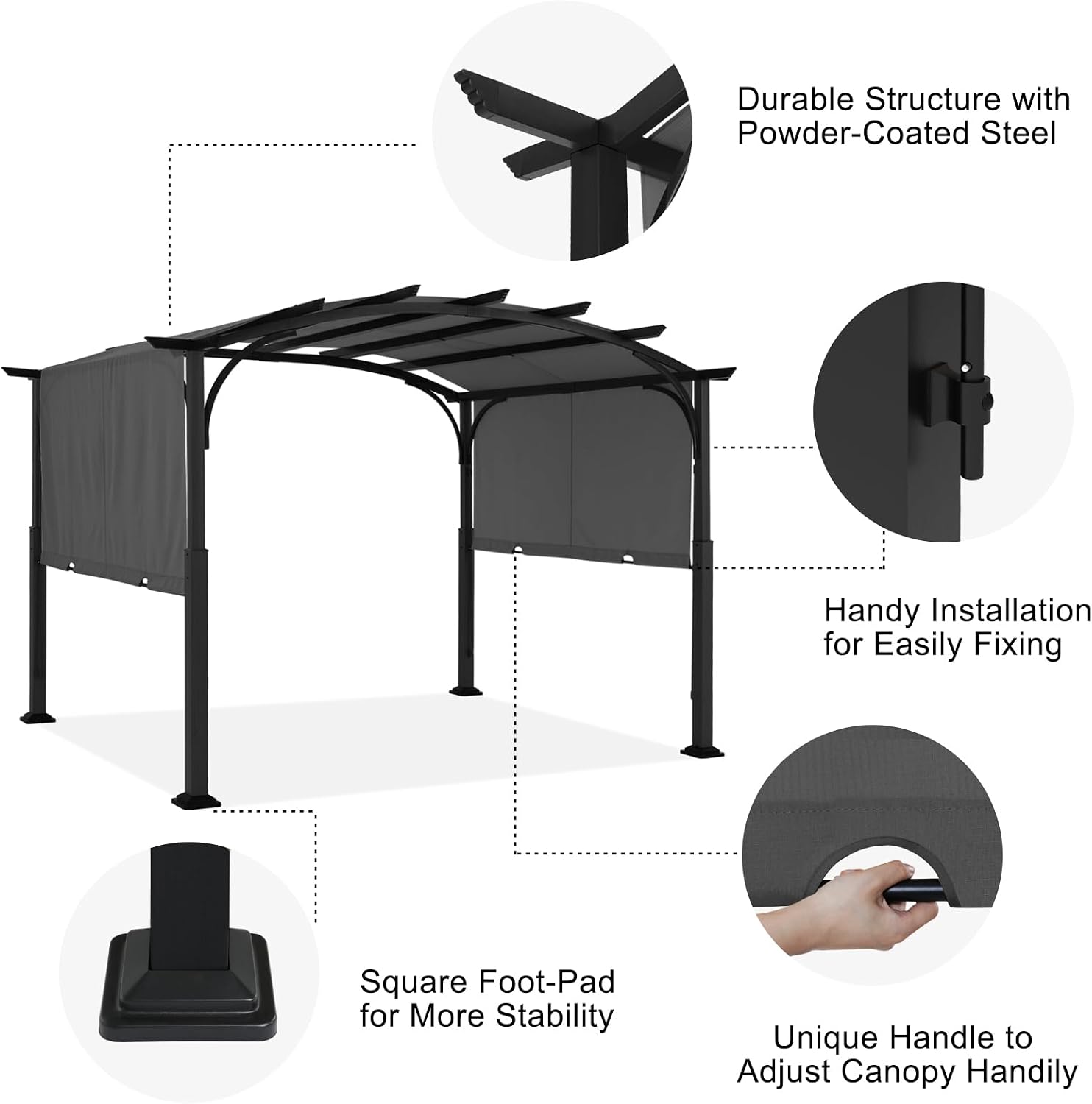 ABCCANOPY Outdoor Pergola 10'x10', Arched Patio Gazebo with Retractable Sun Shade, Dary Gray