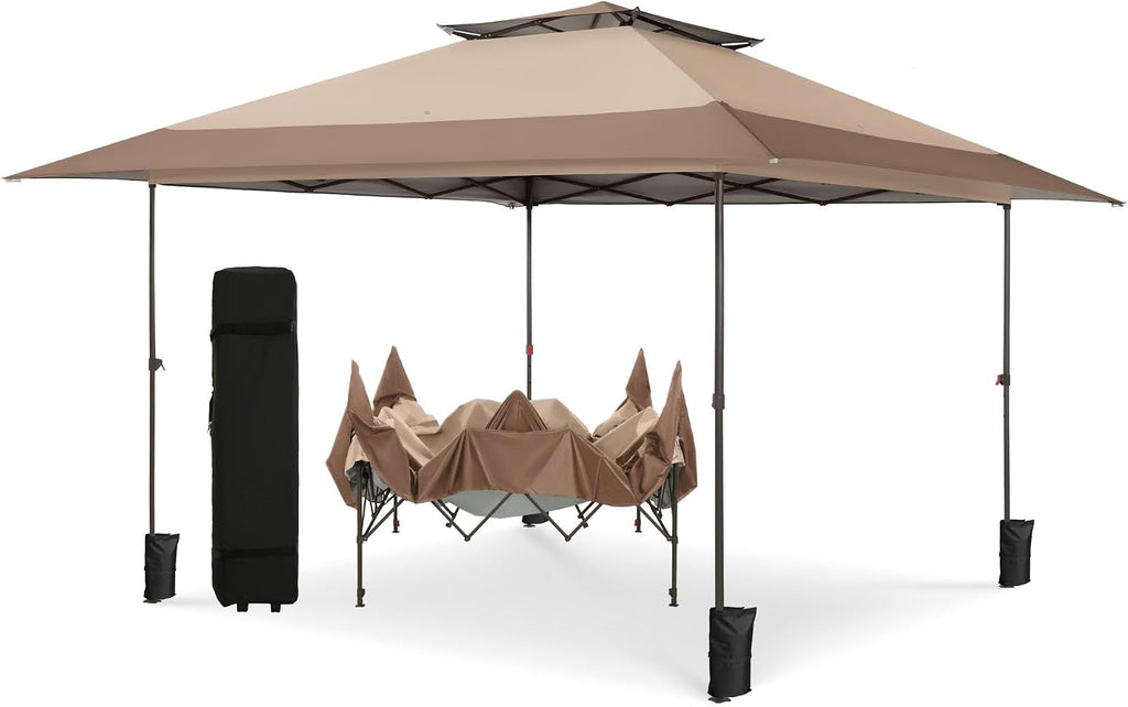 PHI VILLA 13x13 Pop up Canopy Tent Instant Outdoor Easy One Push Tent with Wheeled Carry Bag, Straight Legs 169 Square Feet of Shade, Brown, Steel Frame, 150D Oxford Cloth