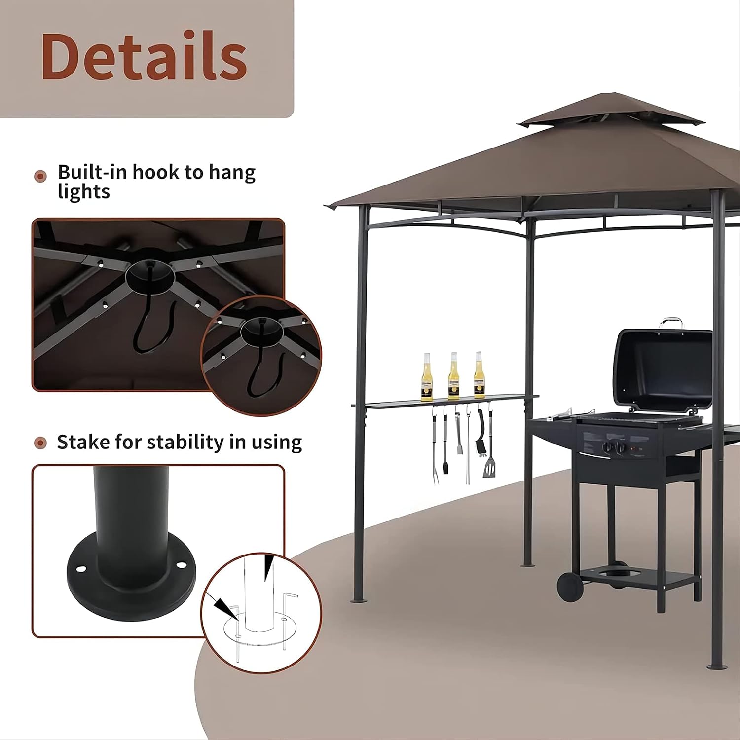 Outdoor Grill Gazebo Tent BBQ Canopy for Outdoor Barbeque Shelter Girll Canopy Grill Gazebo Hardtop with Stable Steel Frame / L96 x W60 x H101 Inch Deep Brown