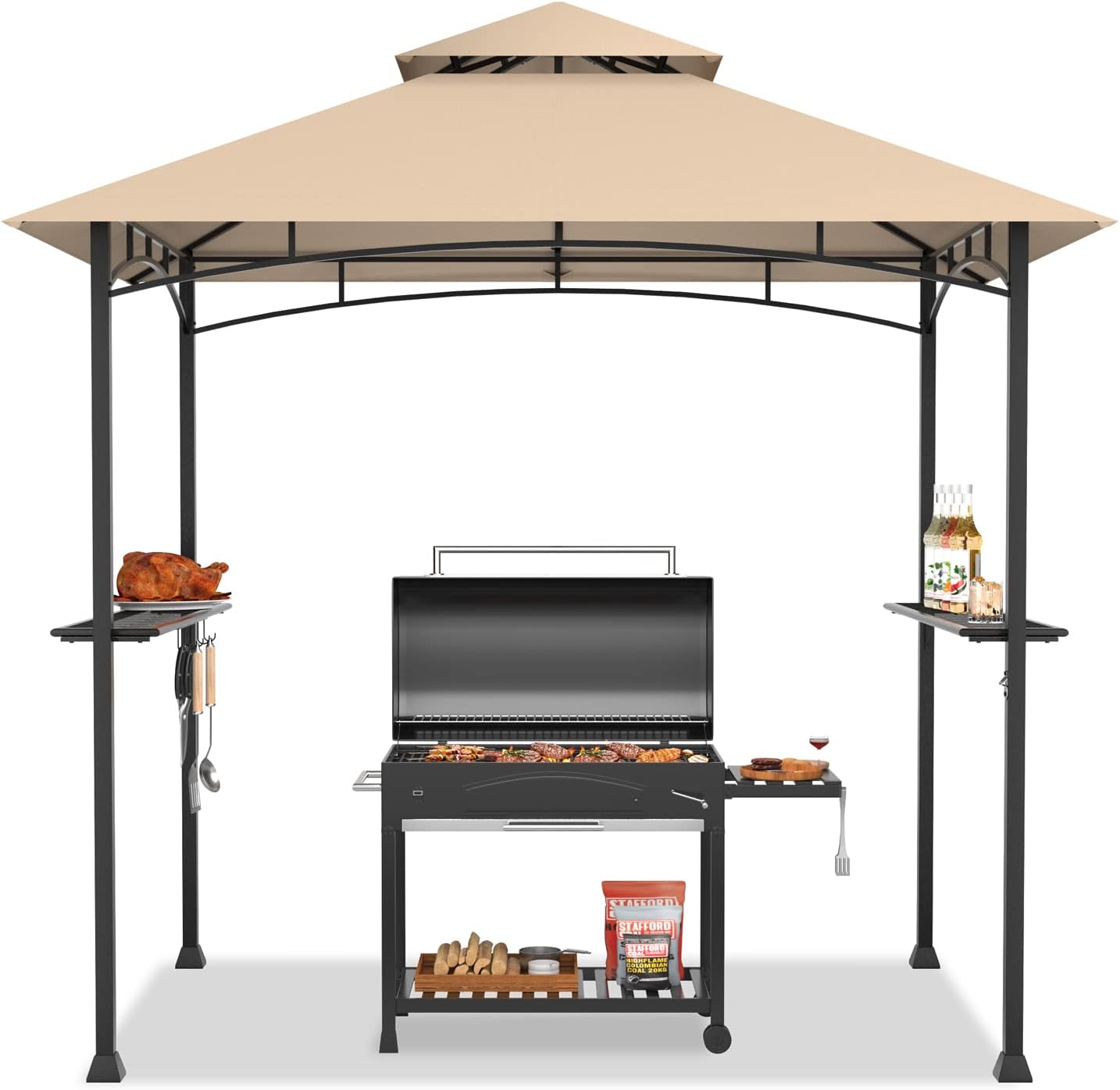 Tangkula 8x5 Ft Grill Gazebo, Double Tiered Outdoor BBQ Gazebo with 2 Side Shelves, 5 Hooks, Bottle Opener, Barbecue Grill Gazebo Shelter for Patio, Garden, Beach, Backyard (Khaki)