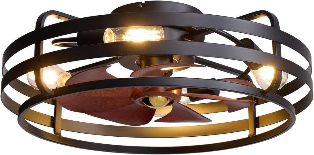 24 Inch Farmhouse Flush Mount Ceiling Fan with Lights and Remote, Industrial Black Caged with 6 Wind Speeds, Dimmable, Reversible, Rustic Ceiling Fan Lights for Bedroom, Kitchen, Living Room