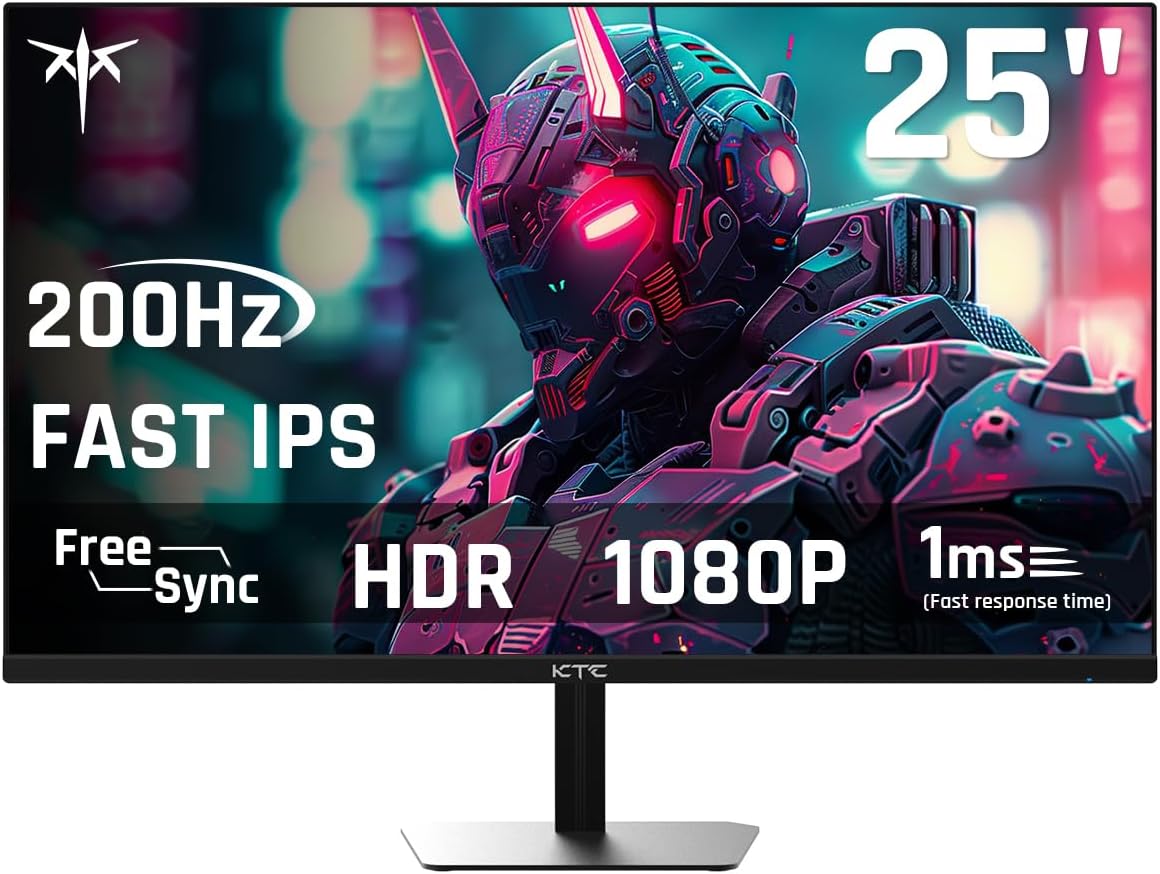 KTC 24.5'' Gaming Monitor, FHD 1080P 180Hz (Up to 200Hz) Fast IPS 128% sRGB Computer Monitor, HDR10, Adaptive Sync, Eye Care PC Gamer Monitor, HDMIx2, DP, VESA Mountable, Tilt Adjustable, H25T7