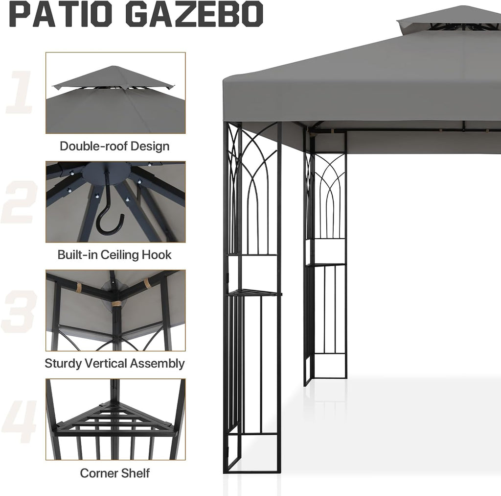 COOS BAY 8x8 Patio Gazebo with Corner Shelves, Two Tier Soft Top Canopy with UV Protection for Backyard, Garden, Lawn, Outdoor Events, Gray