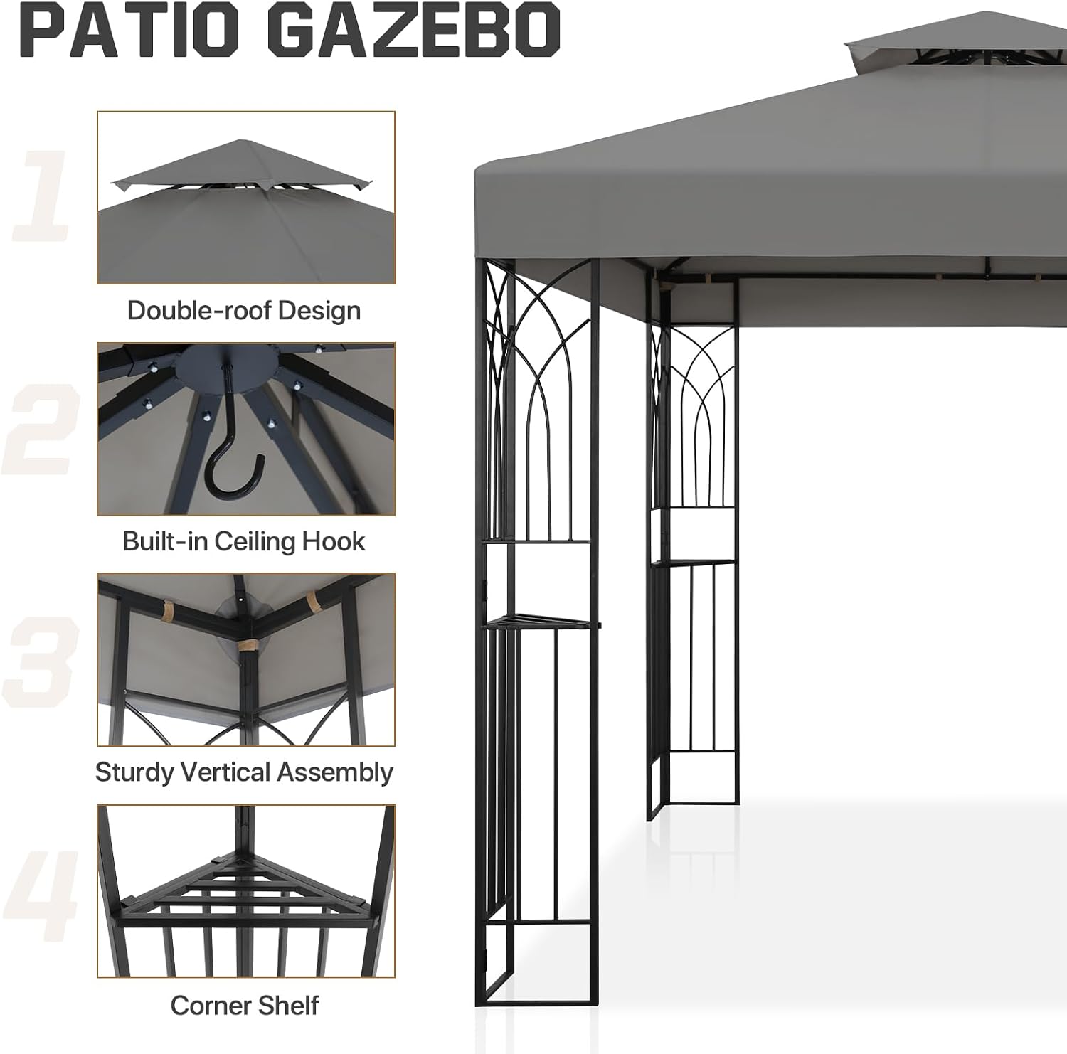 COOS BAY 8x8 Patio Gazebo with Corner Shelves, Two Tier Soft Top Canopy with UV Protection for Backyard, Garden, Lawn, Outdoor Events, Gray