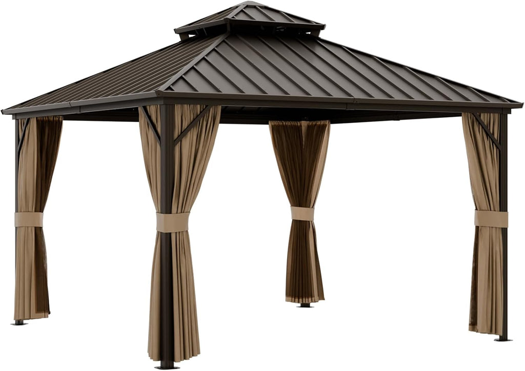 EAGLE PEAK 12x12 Hardtop Gazebo, Galvanized Steel Double Roof with Aluminum Frame, Outdoor Pavilion with Netting and Curtains for Patio, Deck, Lawn and Garden, Dark Brown/Tan