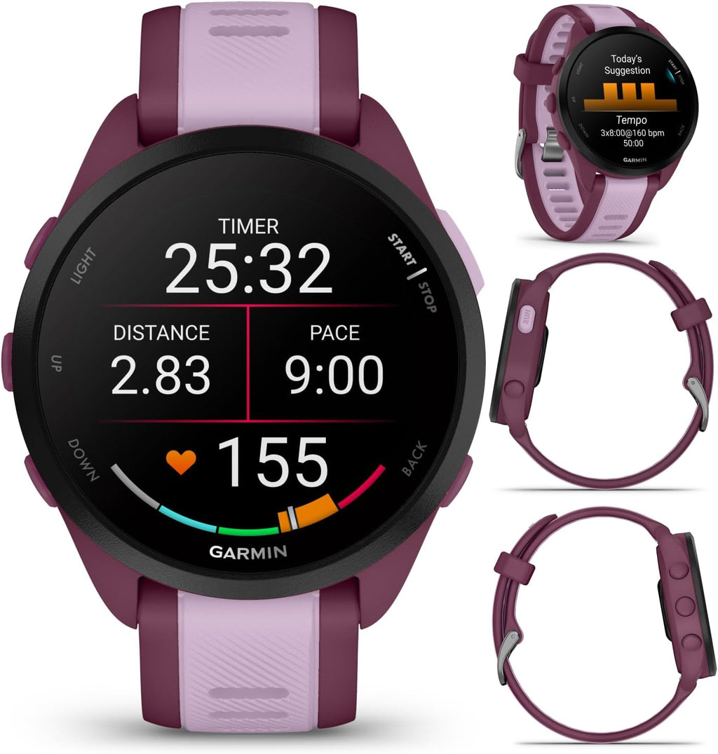 Garmin Forerunner 165 Music Running Smartwatch, Colorful AMOLED Touchscreen, Training Metrics and Recovery Insights Includes PowerPack +Adapters Bundle, Berry/Lilac