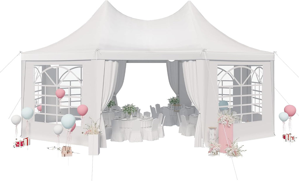 EROMMY 20'x15' Party Tent, White Wedding, Octagonal Heavy Duty Canopy with 6 Removable Sidewalls, 6 Church Windows and 2 Pull-Back Doors, Outdoor Gazebo Pavilion for Party, Wedding, Event