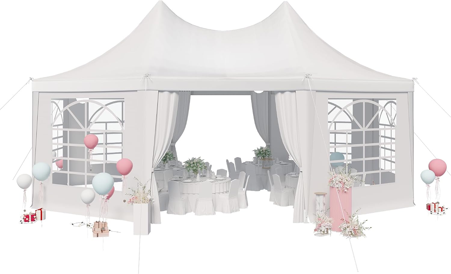 EROMMY 20'x15' Party Tent, White Wedding, Octagonal Heavy Duty Canopy with 6 Removable Sidewalls, 6 Church Windows and 2 Pull-Back Doors, Outdoor Gazebo Pavilion for Party, Wedding, Event
