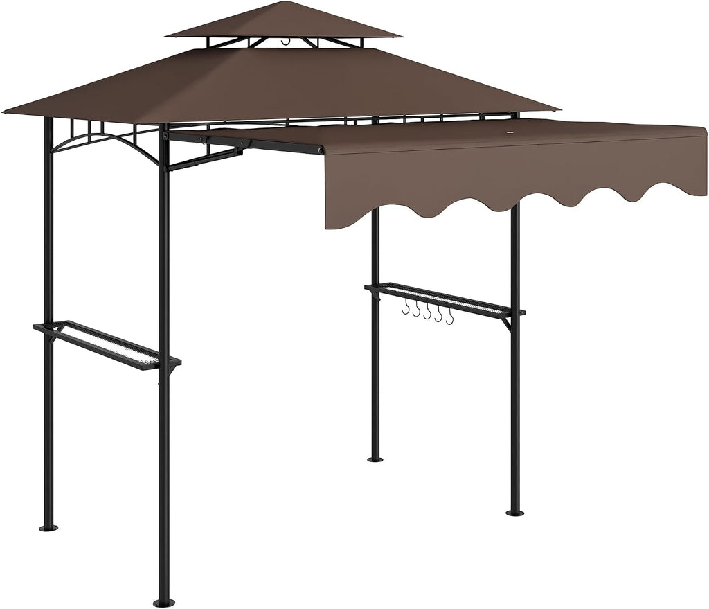 Outsunny 8' x 7.6' Grill Gazebo, Double Tiered Outdoor BBQ Gazebo with Side Awning, 2 Side Shelves and 6 Hooks for Patio, Deck, Yard, Brown