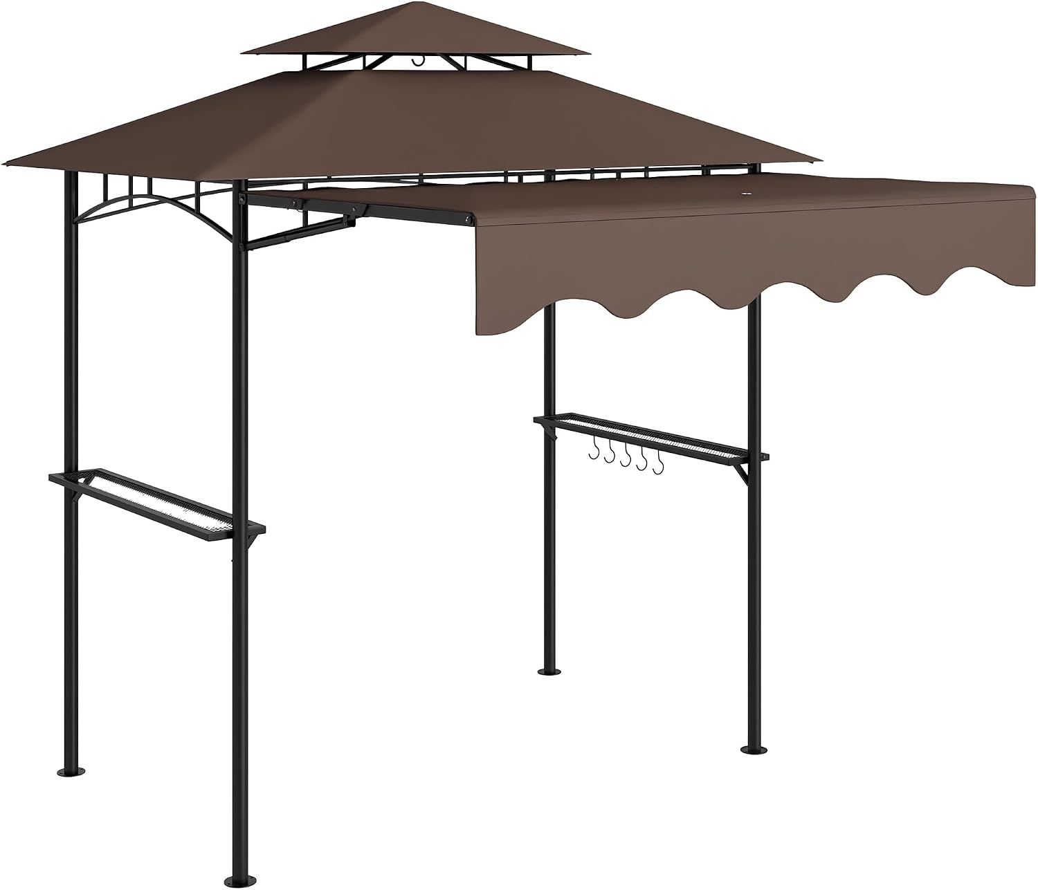 Outsunny 8' x 7.6' Grill Gazebo, Double Tiered Outdoor BBQ Gazebo with Side Awning, 2 Side Shelves and 6 Hooks for Patio, Deck, Yard, Brown