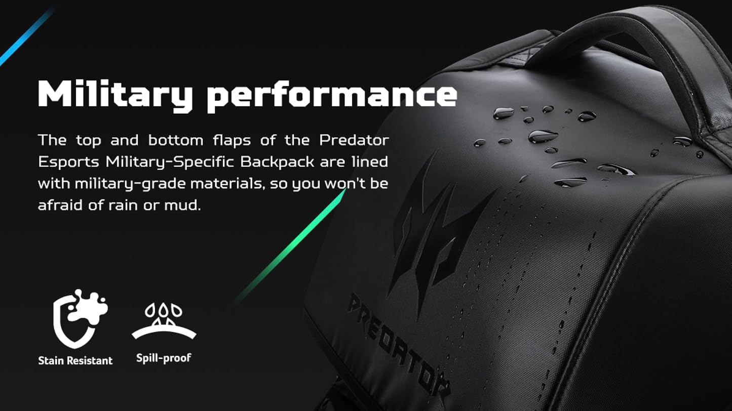 Acer PBG591 Predator Utility Gaming Backpack, Water Resistant and Tear Proof Travel Backpack Fits and Protects Up to 17.3' Predator Gaming Laptop, Black with Teal Accents