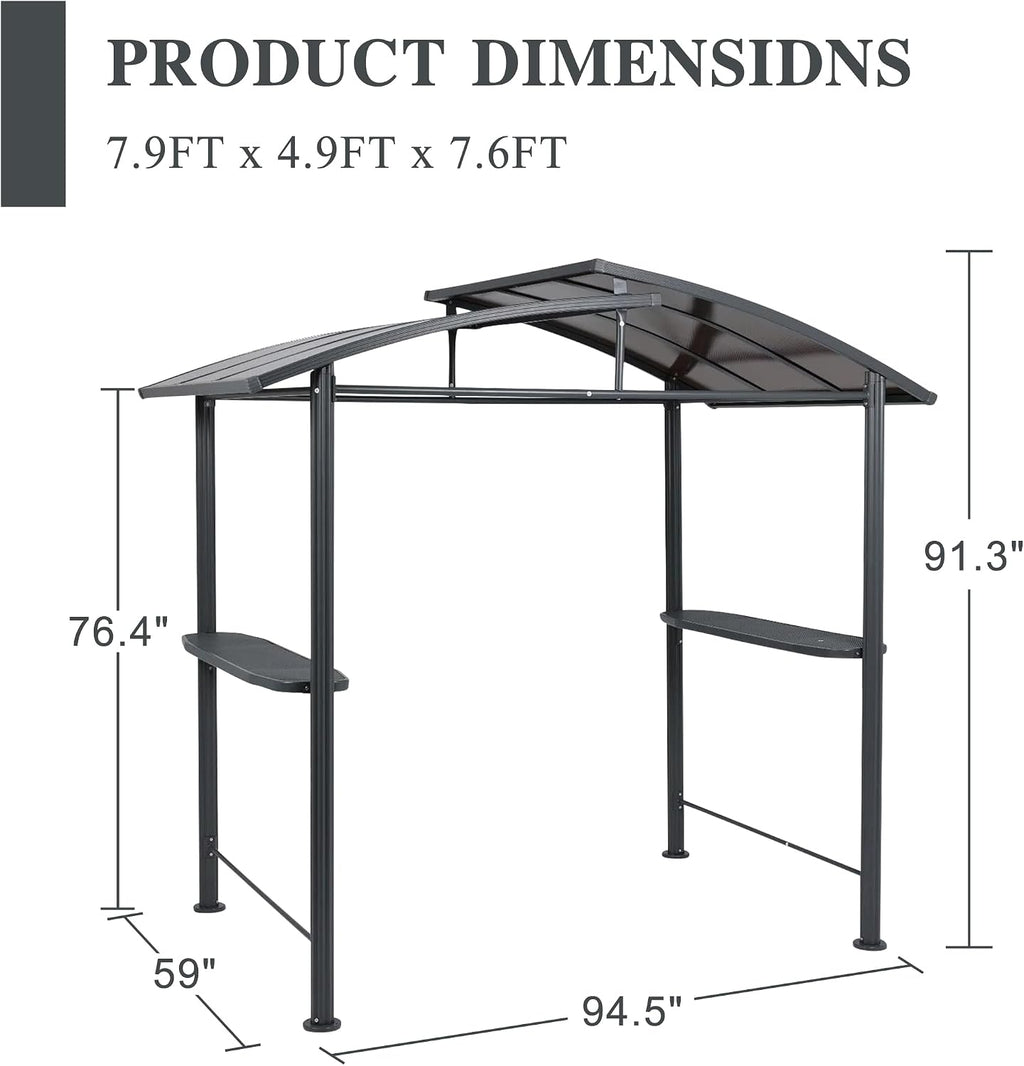 BPS 8x5 FT BBQ Grill Gazebo with Double-Tier Polycarbonate Roof, Steel Frame & Side Shelves, for Outdoor, Patio, Backyard
