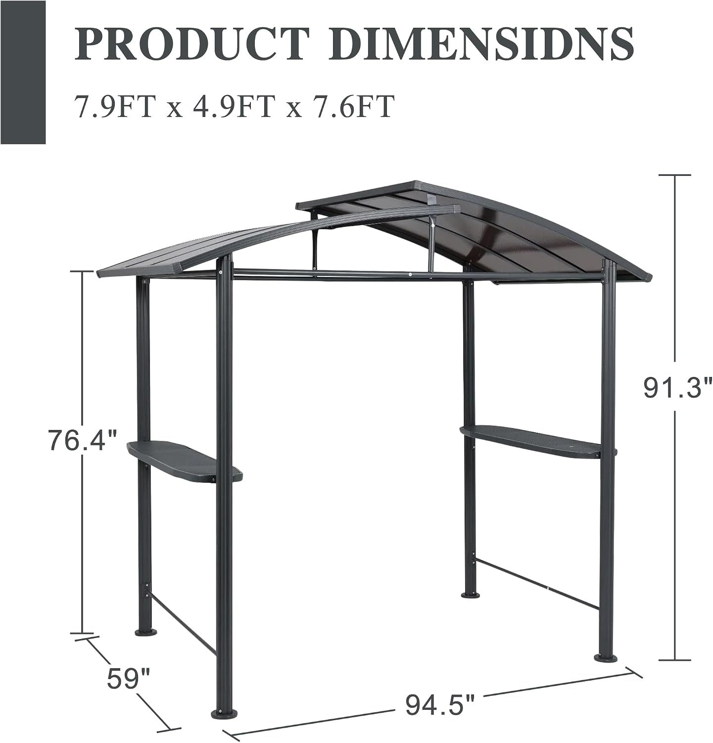 BPS 8x5 FT BBQ Grill Gazebo with Double-Tier Polycarbonate Roof, Steel Frame & Side Shelves, for Outdoor, Patio, Backyard
