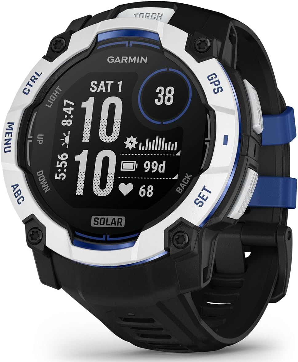 PlayBetter Garmin Instinct 3 Solar (Whitestone/Bolt Blue, 50mm) Rugged Outdoor GPS Smartwatch Bundle - Bolted Construction, Unlimited Battery Life Portable Charger & HD Screen Protectors