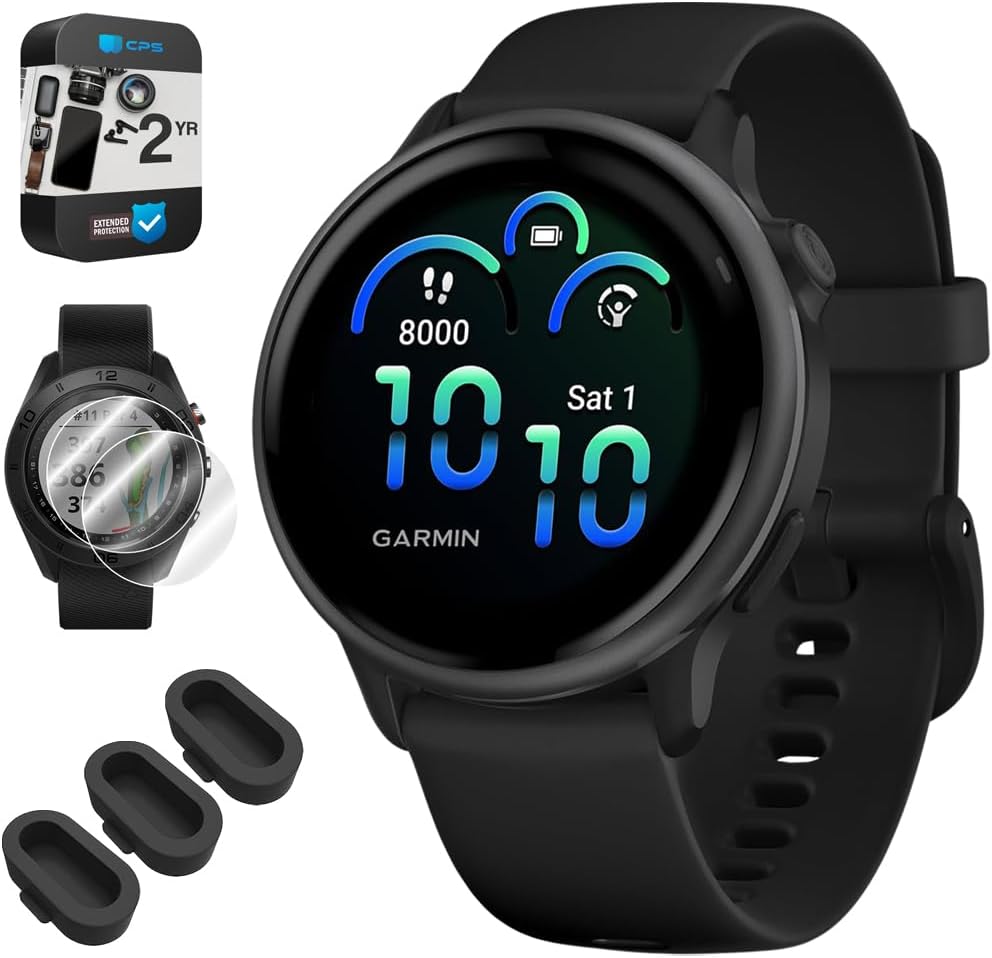 Garmin 010-02985-00 VIVOACTIVE 6 Health & Fitness GPS Smartwatch, Black with Silicone Band Bundle with 2 YR CPS Enhanced Protection Pack, Deco Essentials Silicone Dust Covers & 2X Screen Protector
