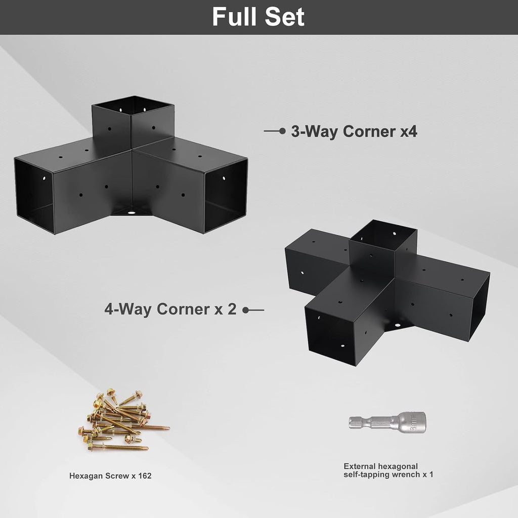 Pergola Kit, Pergola Brackets 3-Way Brackets and 4-Way Brackets Kit for Woodworks DIY Post Base, Wooden Beams for Gazebos, Patio Pergolas, Log Cabin Outdoor Pergola Hardware for 4x4 Lumber