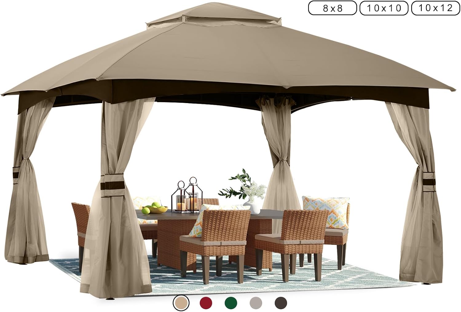 ABCCANOPY 10x12 Outdoor Gazebo - Patio Gazebo with Mosquito Netting, Outdoor Canopies for Shade and Rain for Lawn, Garden, Backyard & Deck (Khaki)