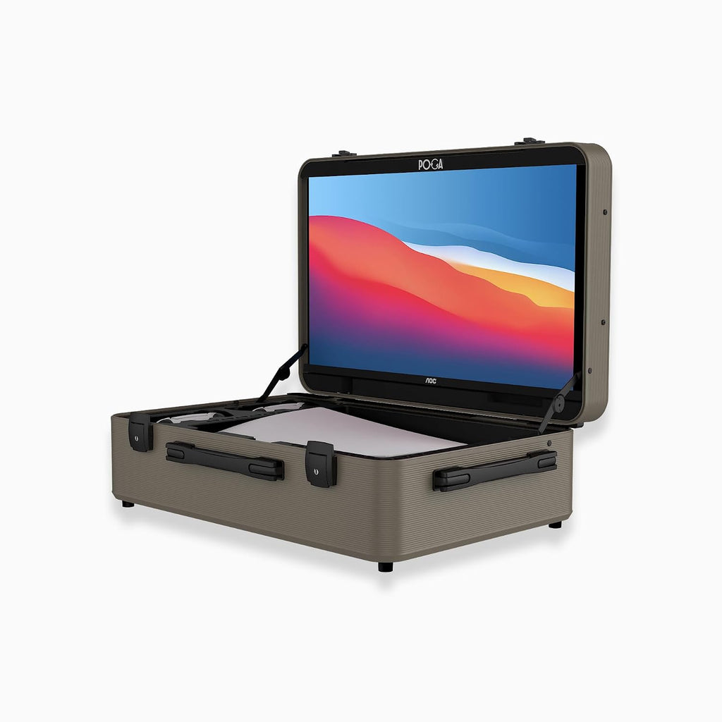 POGA LUX Compatible with PlayStation 5 Premium Portable Console Travel Case incl. Trolley and 24'' AOC Gaming Monitor - (V3 - Bluetooth Speaker Optional) Desert Taupe