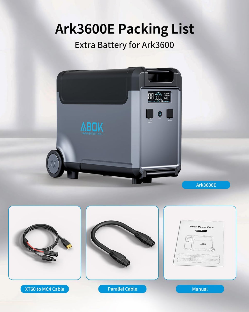 ABOK Ark3600 Portable Power Station Extra Battery for Ark3600, 3840Wh LiFePO4 Battery Electric Solar Generator for Garage, Home, Off-Grid Living,Car Refrigerator, Portable Air Conditioner