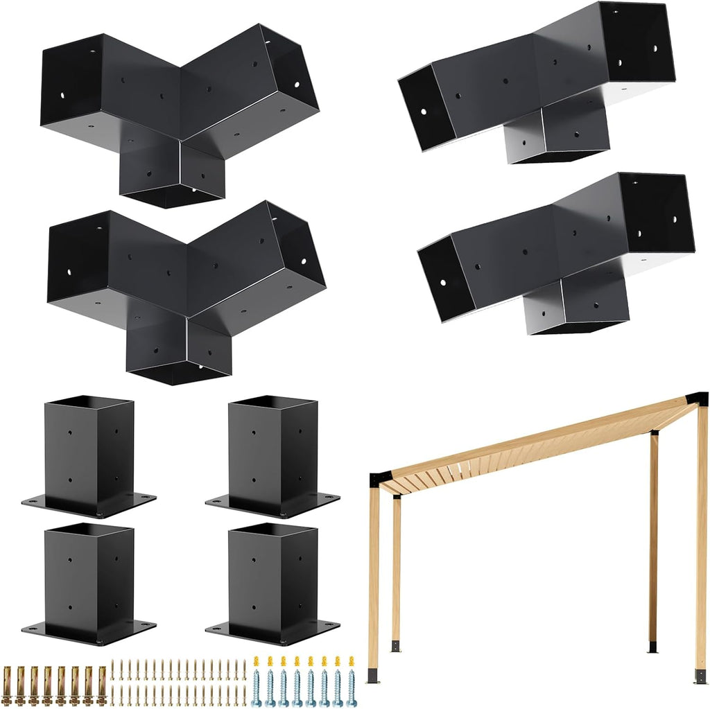 Pergola Kit, Slanted Roof Pergola Bracket, 3-Way Brackets with Post Base Kit, Log Cabin Outdoor 4'x 4' (Actual 3.5' X 3.5') Lumber