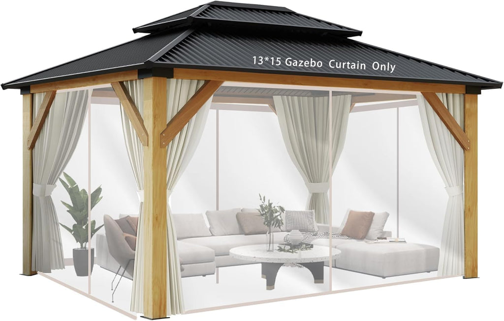 COVERONICS 13'×15' Wooden Gazebo Curtains and Netting Replacement, Beige