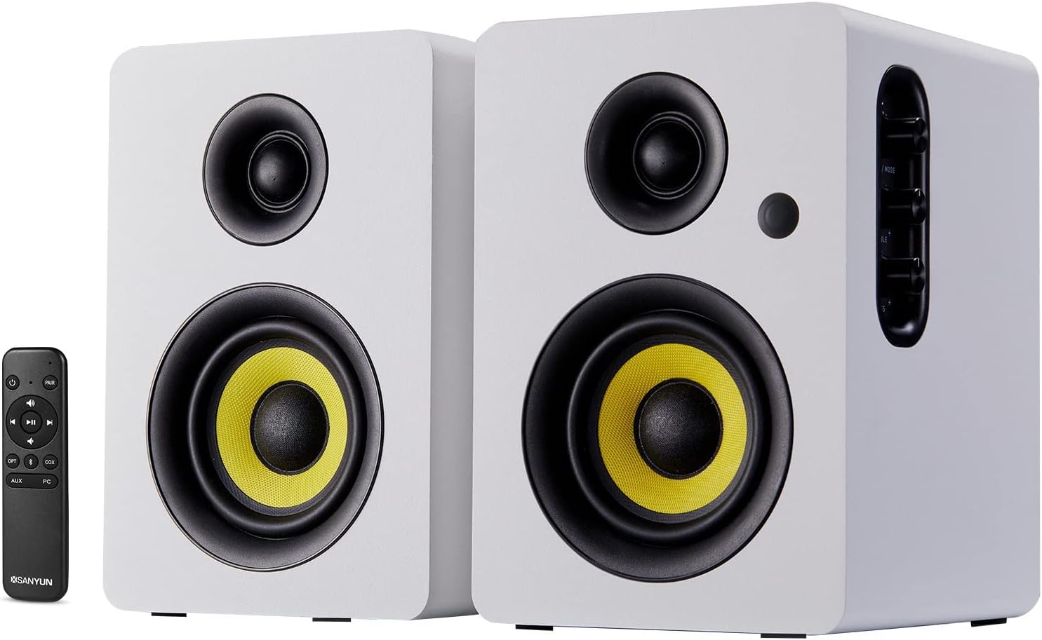 Sanyun SW206 80W Active Dual-Mode Bookshelf Speakers, 4' Studio Monitor & HiFi Mode, Upgraded 3D Sound Field, 6.35mm TRS Balanced, Bluetooth 5.4, Optical Coaxial Aux USB 24bit DAC, White
