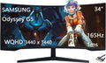 Samsung 34' Odyssey G5 Series WQHD Gaming Monitor, 1000R UltraWide Curved, 165Hz, 1ms, FreeSync Premium, Black, with HDMI Cable