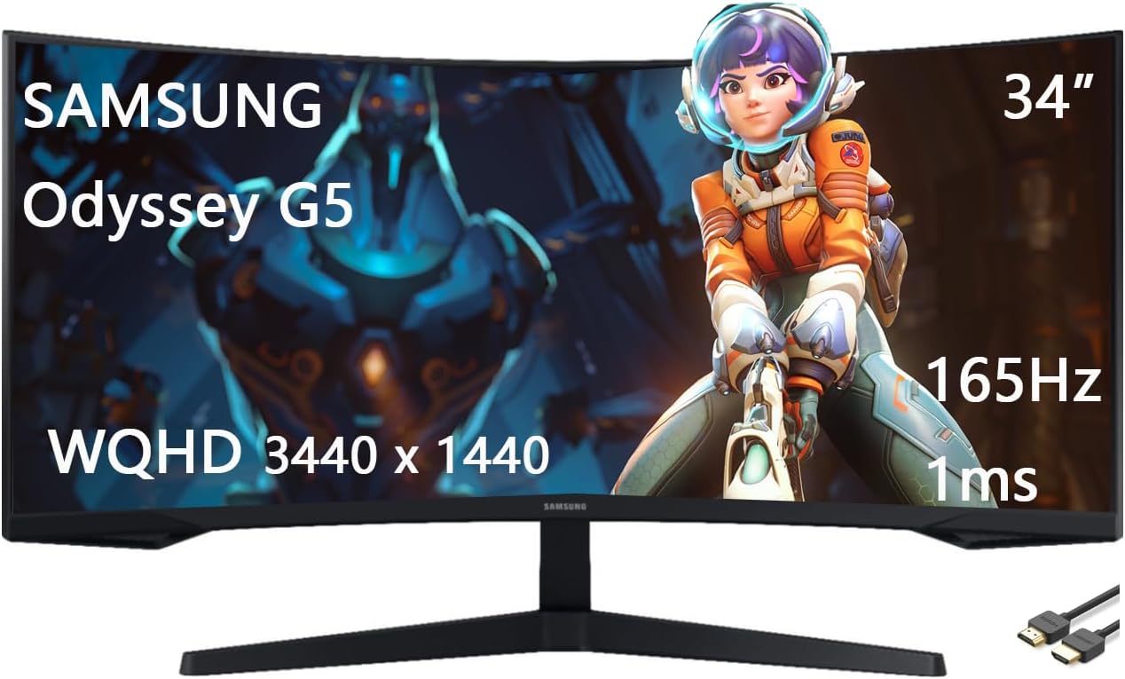 Samsung 34' Odyssey G5 Series WQHD Gaming Monitor, 1000R UltraWide Curved, 165Hz, 1ms, FreeSync Premium, Black, with HDMI Cable