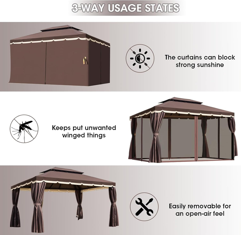 10'x13' Outdoor Patio Gazebo,Heavy Duty Party Tent & Shelter with Double Roofs, Mosquito Nettings and Curtains for Backyard, Patio, Deck, Parties, Garden, Lawn (Brown)