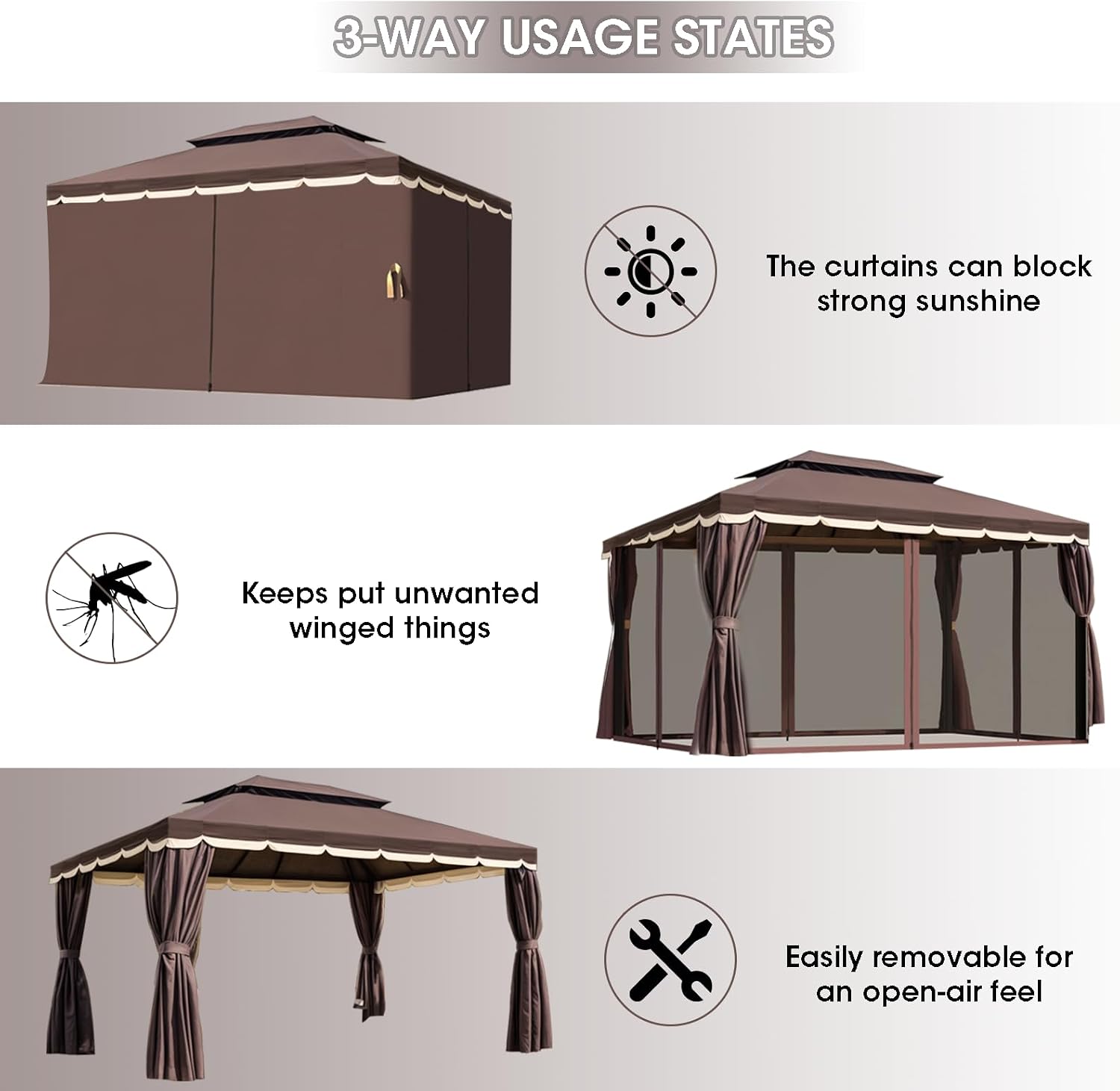 10'x13' Outdoor Patio Gazebo,Heavy Duty Party Tent & Shelter with Double Roofs, Mosquito Nettings and Curtains for Backyard, Patio, Deck, Parties, Garden, Lawn (Brown)