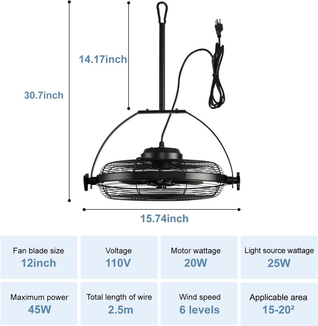 Gazebo Fans Outdoor Hanging Ceiling Fans with Lights,16' Portable Plug in Ceiling Fan,Multi-Angle Adjustable Floor Fans,Black Outdoor Ceiling Fans for Patios.