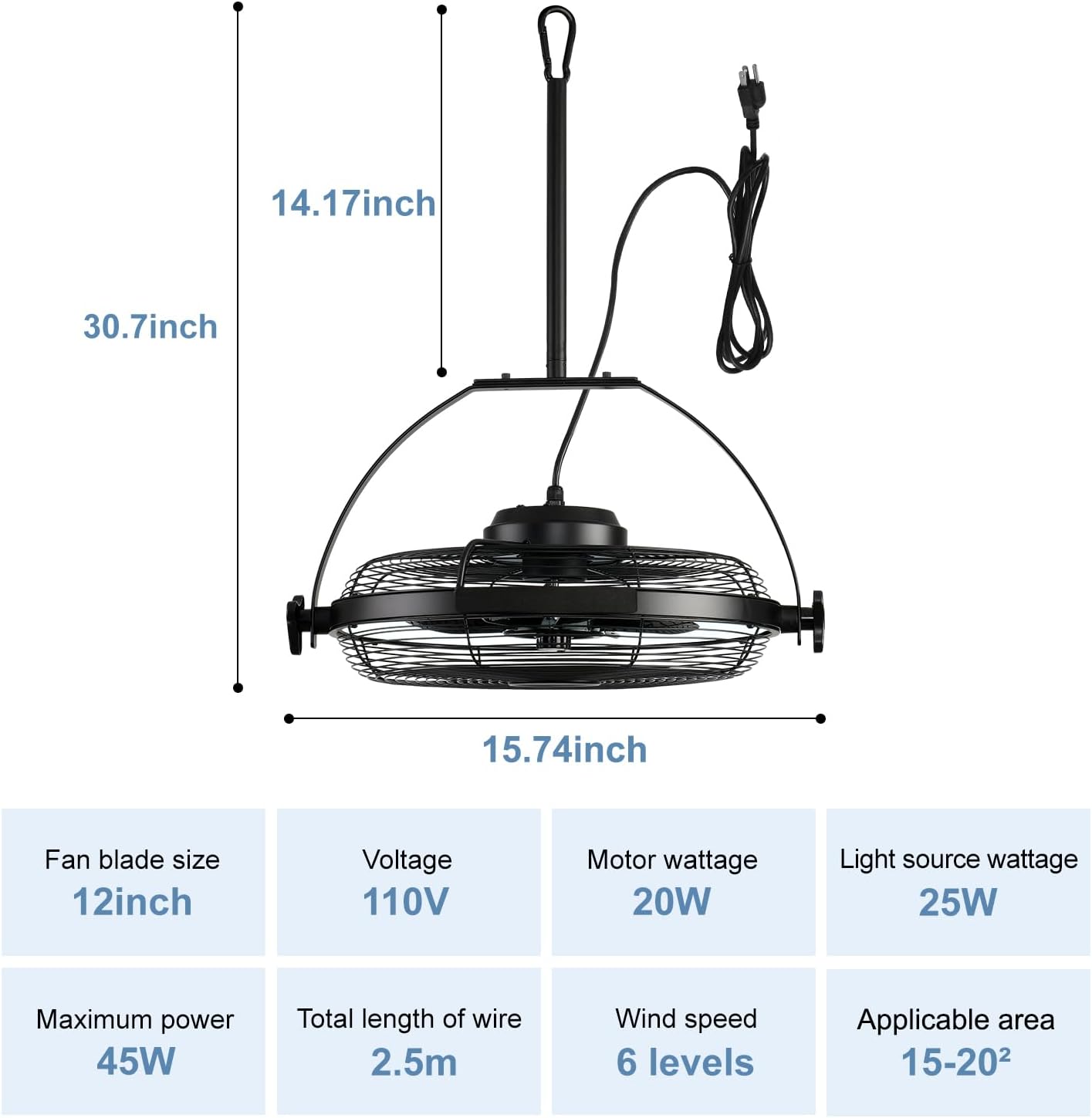 Gazebo Fans Outdoor Hanging Ceiling Fans with Lights,16' Portable Plug in Ceiling Fan,Multi-Angle Adjustable Floor Fans,Black Outdoor Ceiling Fans for Patios.