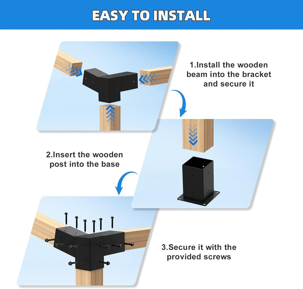15° Pergola Brackets 75° Corner Bracket with Post Base, pergola kit for 4x4'' (Actual: 3.64x3.64''), Pergola Bracket Kit 4x4 Powder-Coated, Wooden Beams Lumber Gazebos Patio Pergola Lean to Porch Roof