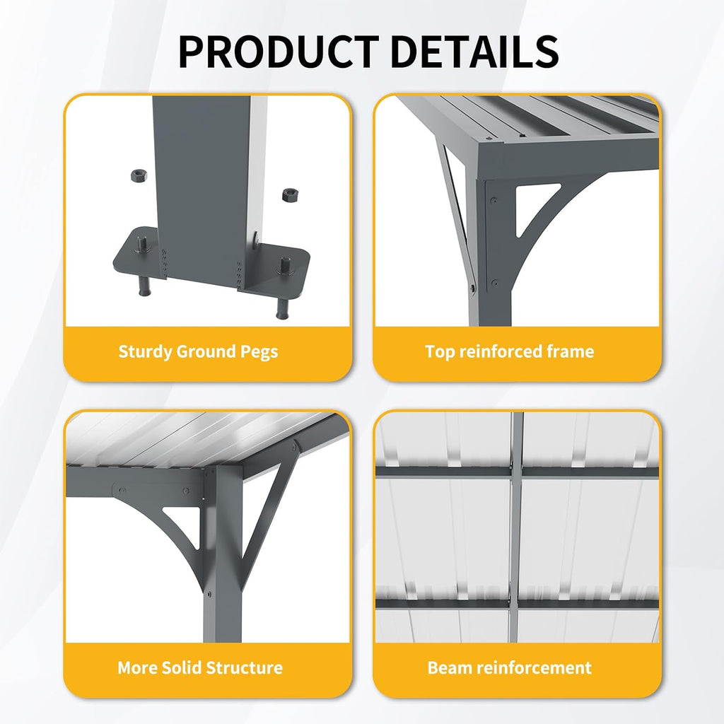 Patio Lean to Gazebo with Galvanized Steel Roof, 8x10 FT Outdoor Metal Wall-Mounted Pergola for Garden, Lawn, Poolside, Backyard Deck
