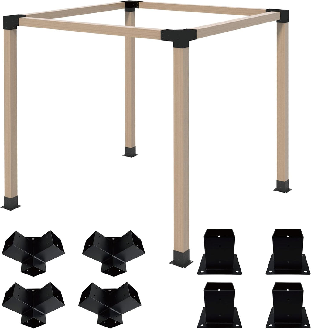 Pergola Bracket Kit 4x4, 4pcs 3-Way Right Angle Corner Bracket and 4pcs Base, Heavy Duty Corner Bracket DIY Shed Kit, for Gazebo, Pergolas, Wood Stand Sheds, Metal Gazebo Kits, with Screws