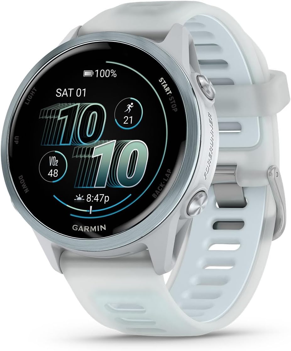 PlayBetter Garmin Forerunner 570 (42 mm, Cloud Blue/Translucent Whitestone) Running GPS Smartwatch - AMOLED Display, Training & Recovery - Bundle Portable Charger & HD Screen Protectors