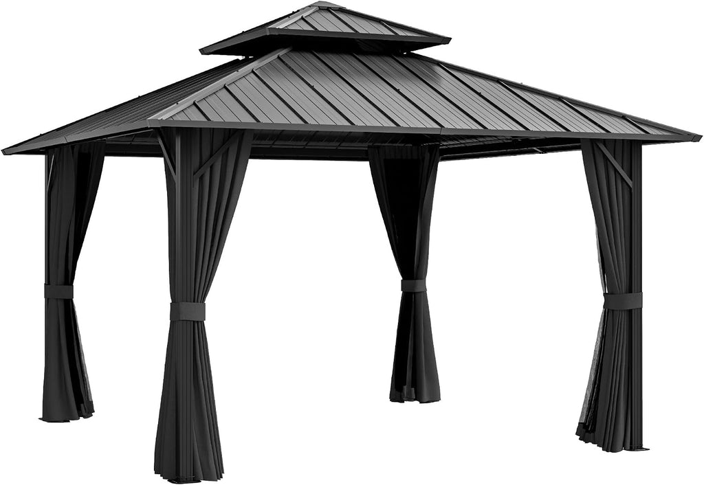 12' x 12' Hardtop Gazebo, Aluminum Frame with Double Galvanized Steel Roof, Outdoor Metal Gazebo with Netting & Curtains for Backyard, Garden, or Deck, Grey