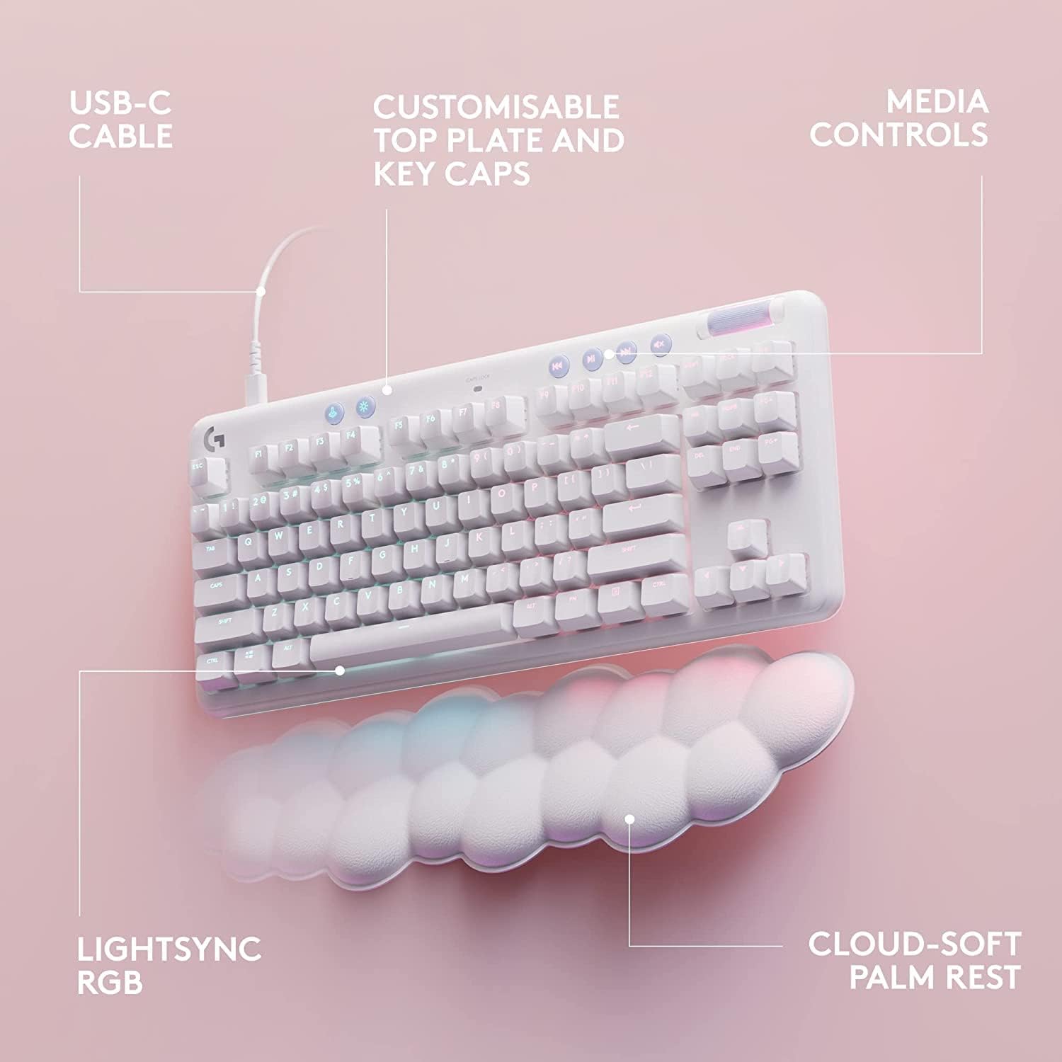 Logitech G713 LIGHTSYNC TKL Wired Mechanical Gaming Keyboard - Tactile Switches (GX Brown)- with Palm Rest - White Mist (Renewed)