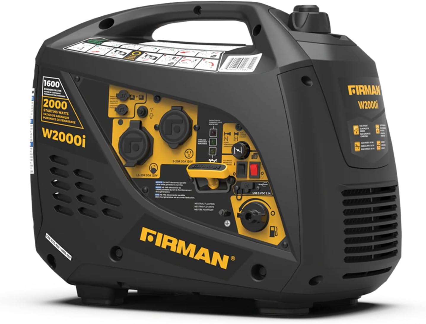 FIRMAN W01682F Refurbished Gas Inverter Portable Generator, 2000W Starting 1600W Running Power, Quiet Recoil Start, 120V Clean Inverter Energy for Camping, Tailgating, RV, and Outdoor Recreation