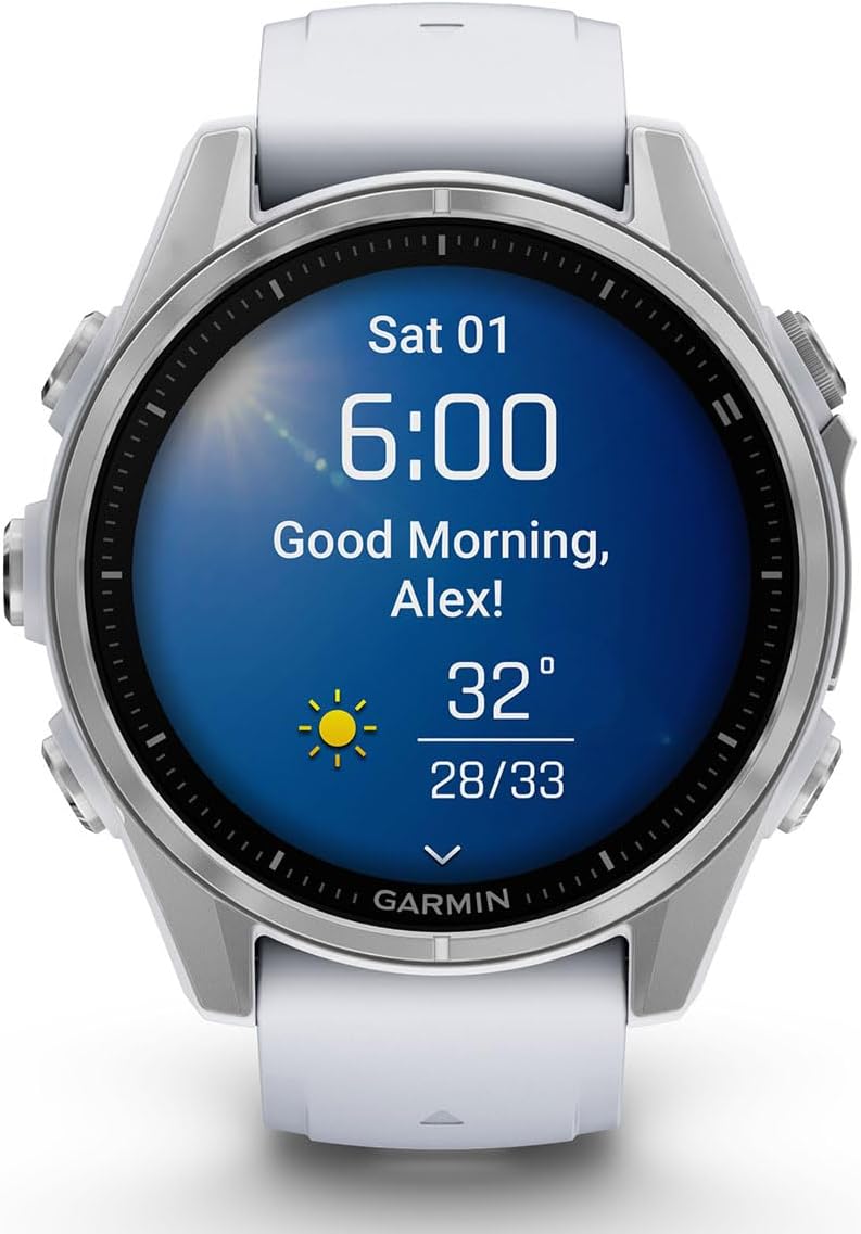 Garmin Fenix 8 AMOLED (43mm, Silver/Whitestone) Multisport GPS Smartwatch Gift Box Bundle - 1.3' Touchscreen, Built-in LED Flashlight Charger, Screens, Adapter, Case