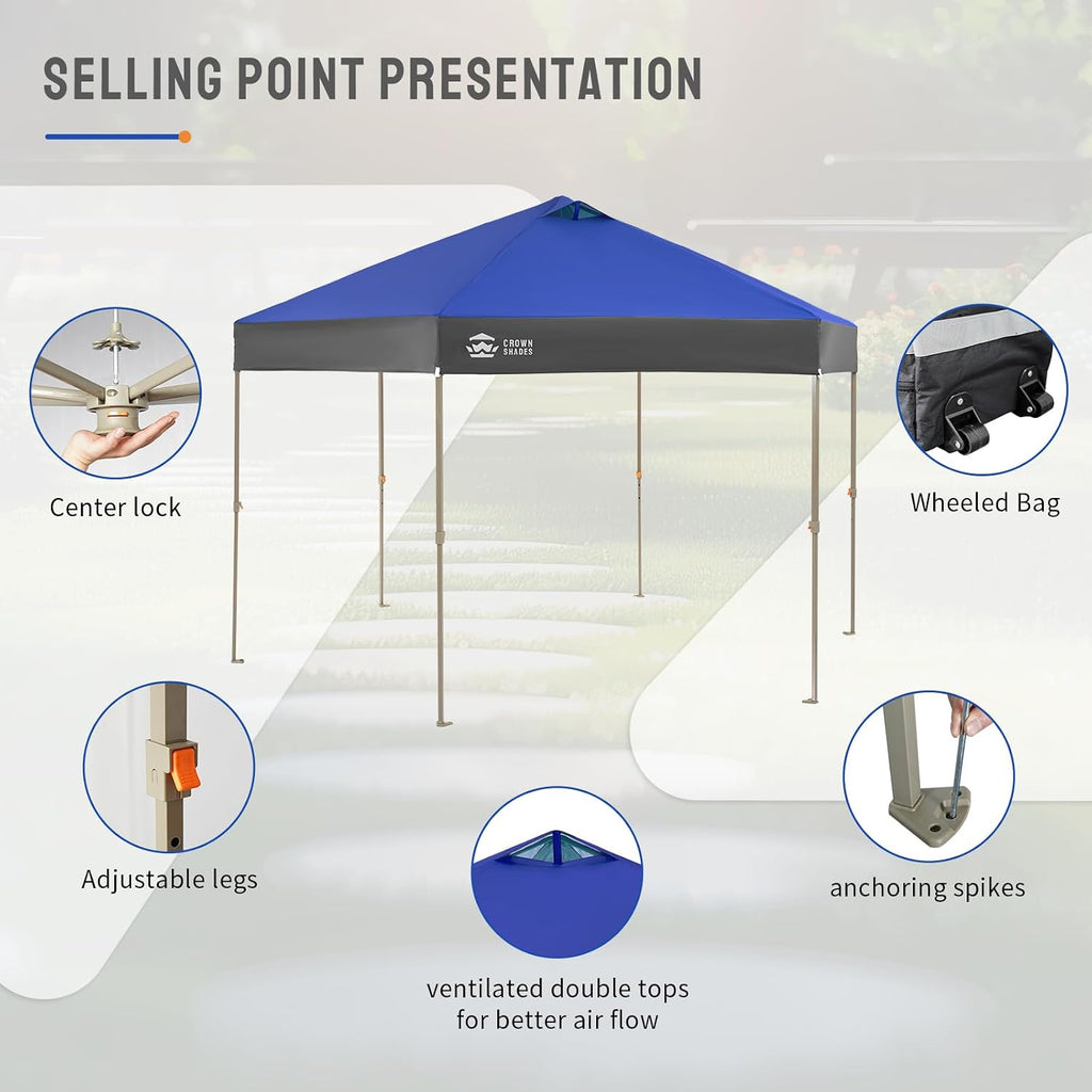 CROWN SHADES 14x14 Pop up Gazebo, Patented Center Lock 6-Sided Portable Gazebo, Easy Set Up, 300D Silver-Coated Fabric UV Resistant, Pop Up Canopy Tent for Patio, Outdoor Activities, Blue&Light Grey