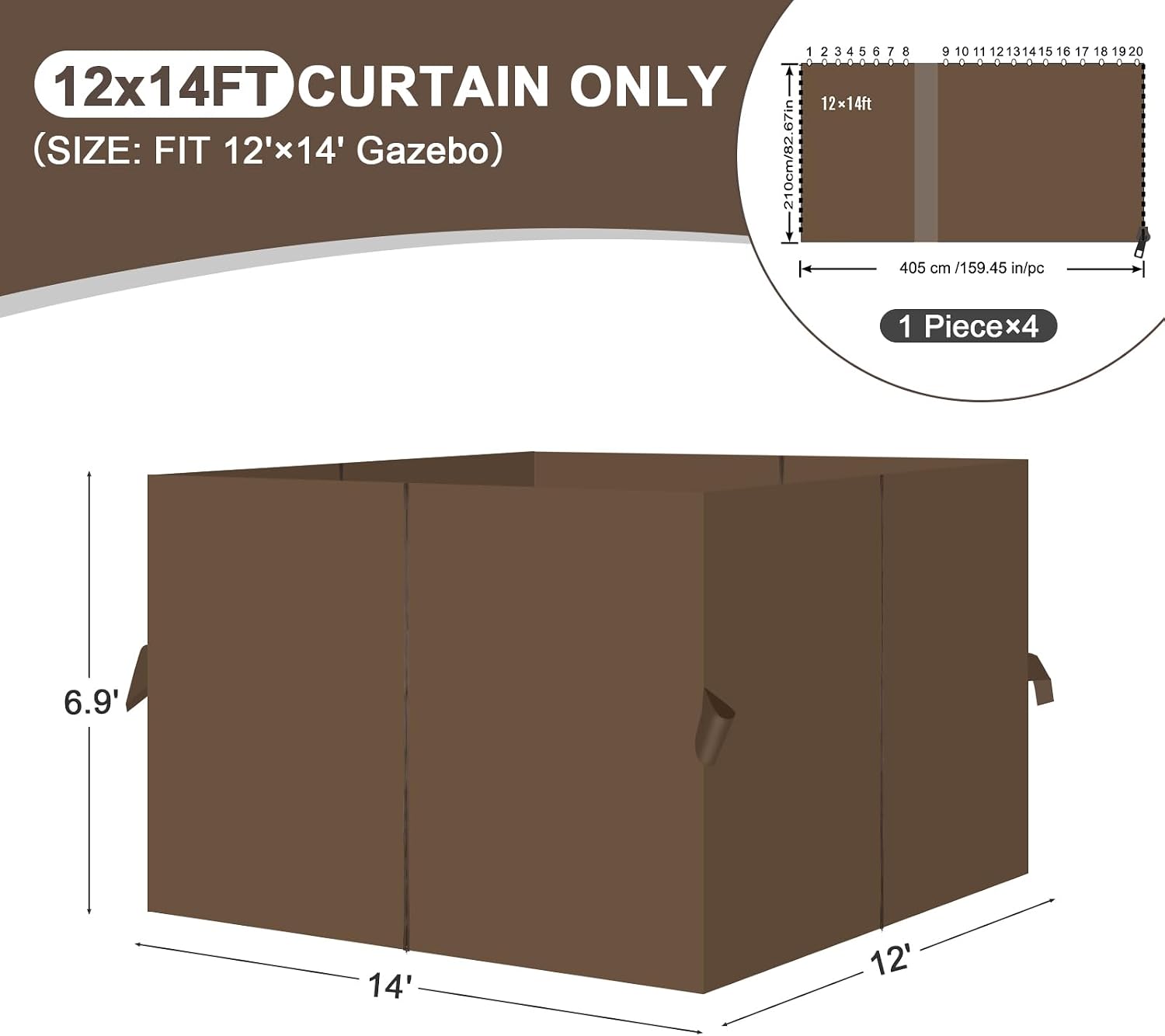 Aoodor 12x14 ft Outdoor Gazebo Curtains, 4 Panels Waterproof Privacy Sidewall Replacement with Zipper for Patio Pergola and Canopy, Brown