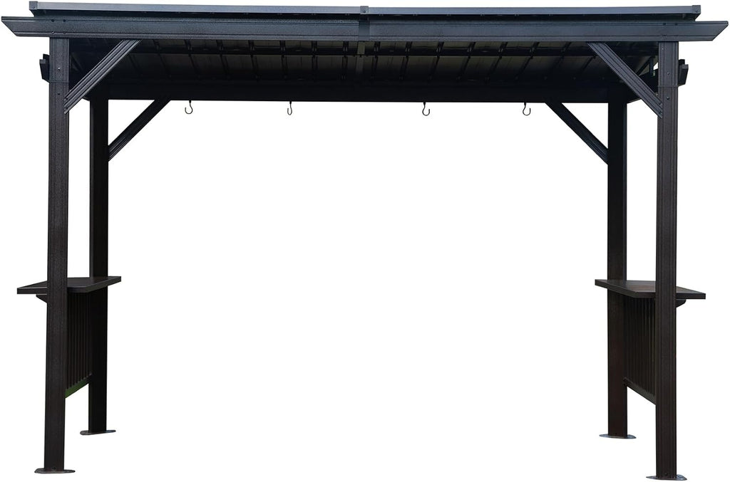 【LuckyNote】 6.5x12FT Hardtop Grill Gazebo, Outdoor BBQ Gazebo with 2 Side Shelves and Sloping Galvanized Steel Roof, Metal Permanent Grill Canopy with Ceiling Hooks for Patio, Lawn, 3 parcels (Gray)