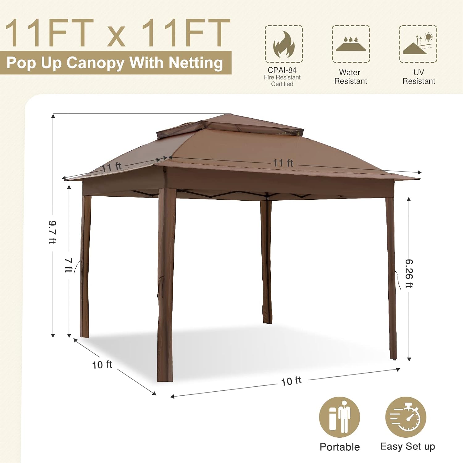 EAGLE PEAK 11x11 Pop Up Gazebo with Mesh Netting, Easy Up Screened Canopy for Patio and Backyard, Easy Set up Outdoor Gazebo (Brown)